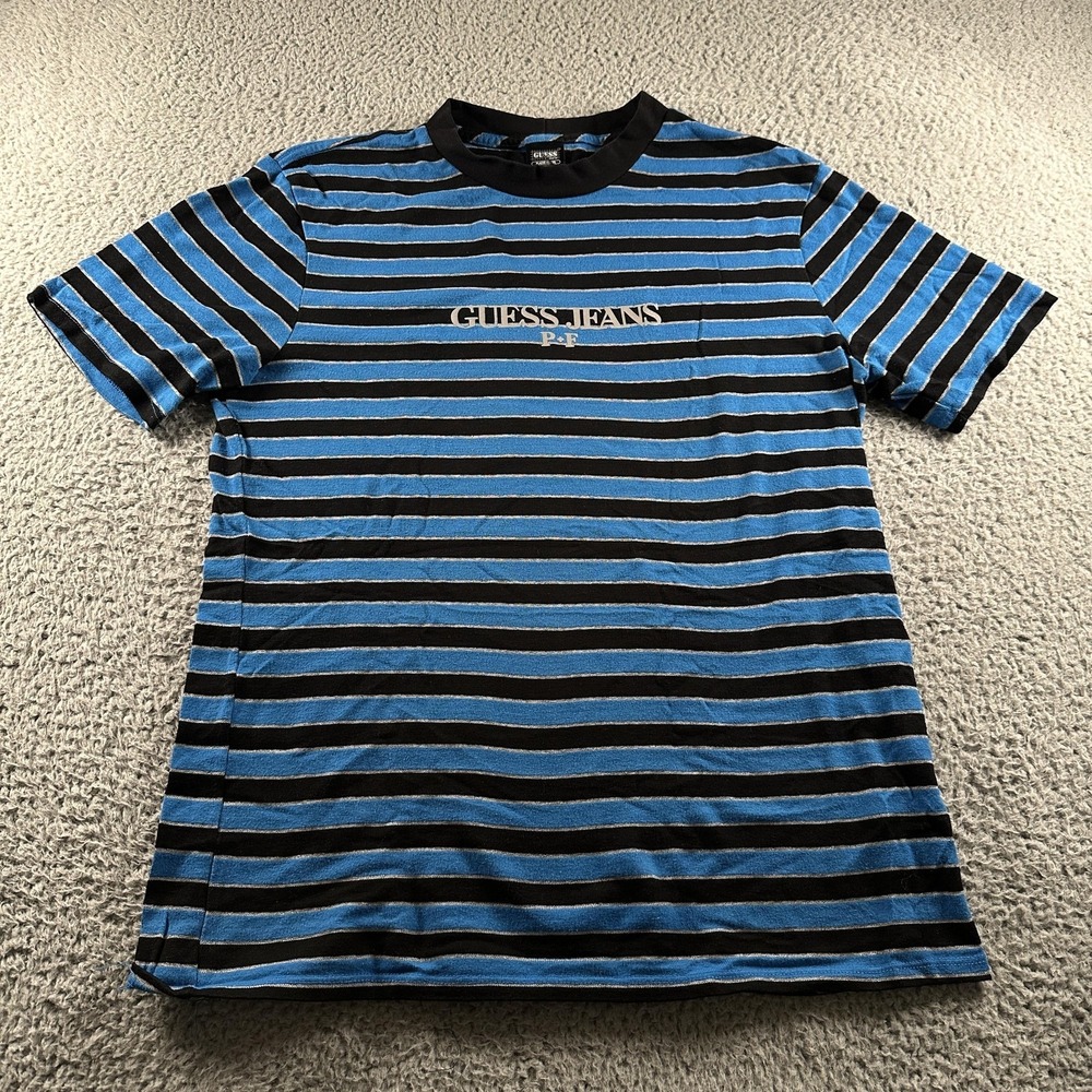 Vintage Guess Jeans Shirt Mens M Blue Black Striped‎ Places+Faces Logo USA Tee